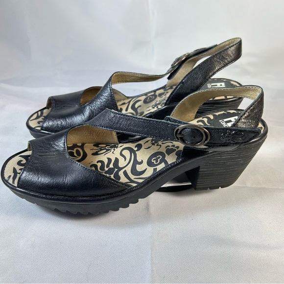 Fly London P501023000 Wedge Sandal Strap Ankle Leather Black US 8 / EU 39 - Picture 2 of 9